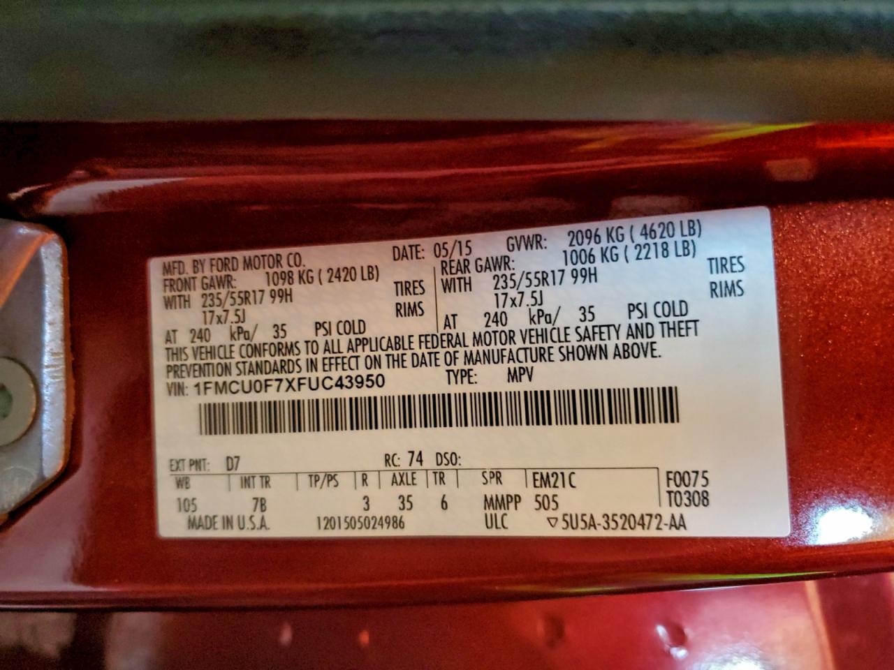 2015 Ford Escape S VIN: 1FMCU0F7XFUC43950 Lot: 96394355