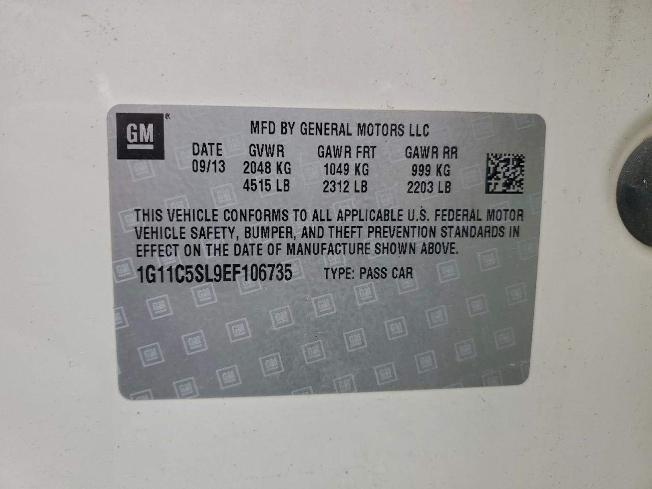 2014 Chevrolet Malibu 1Lt VIN: 1G11C5SL9EF106735 Lot: 95180925