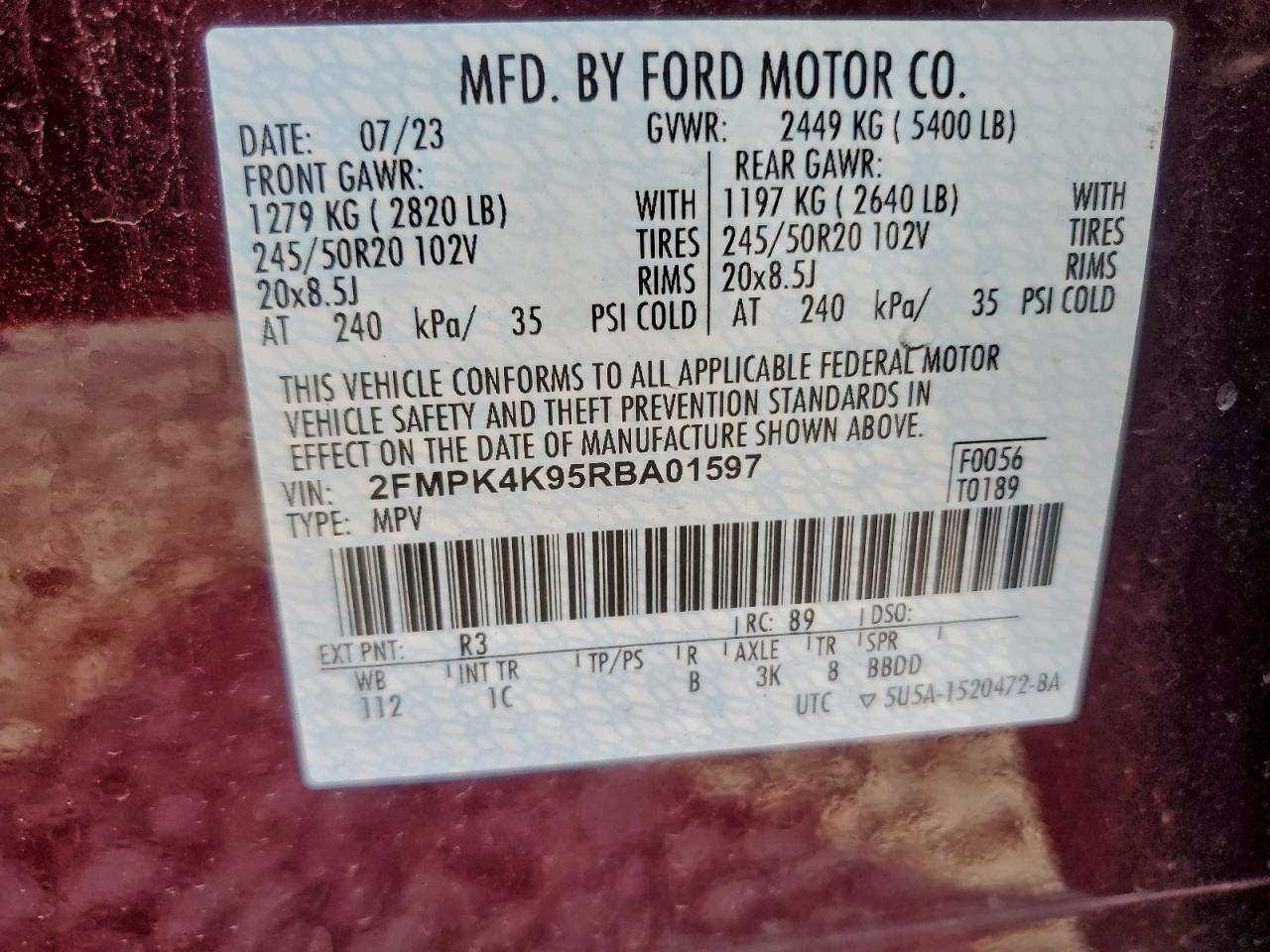 2024 Ford Edge Titanium VIN: 2FMPK4K95RBA01597 Lot: 95662305