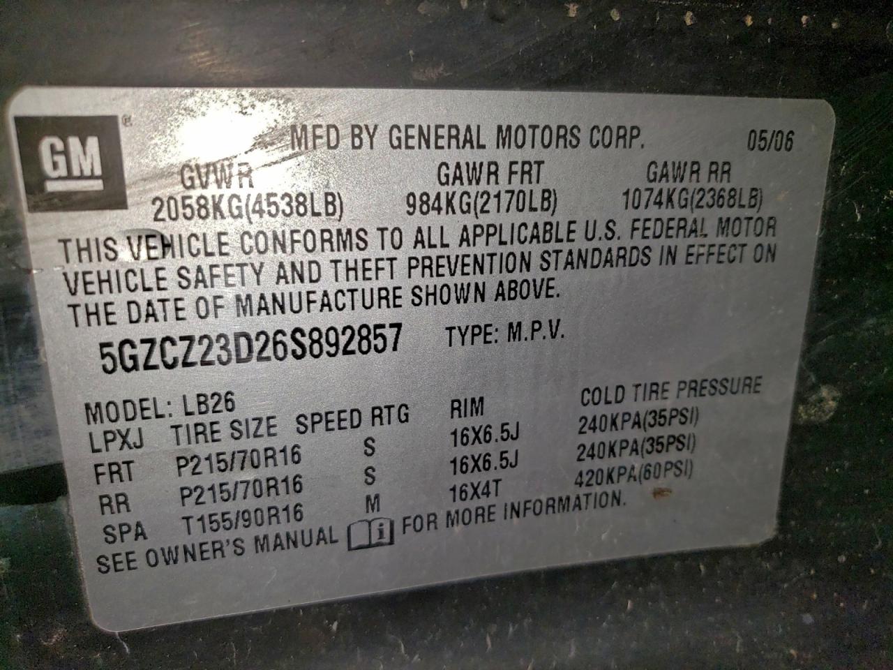 2006 Saturn Vue VIN: 5GZCZ23D26S892857 Lot: 96575875