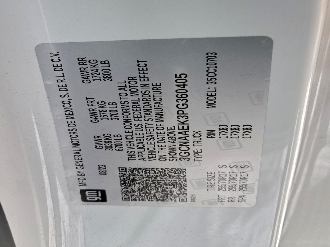 2023 Chevrolet Silverado C1500 VIN: 3GCNAAEK3PG360405 Lot: 94912175