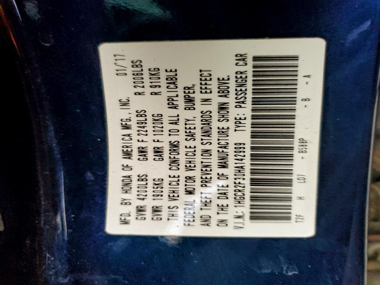 2017 Honda Accord Lx VIN: 1HGCR2F30HA142999 Lot: 95119125