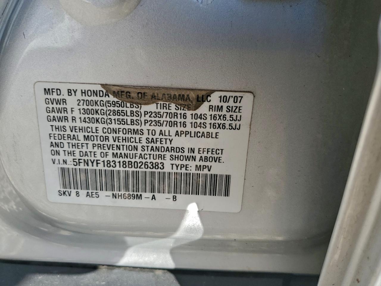 2008 Honda Pilot Se VIN: 5FNYF18318B026383 Lot: 94314715