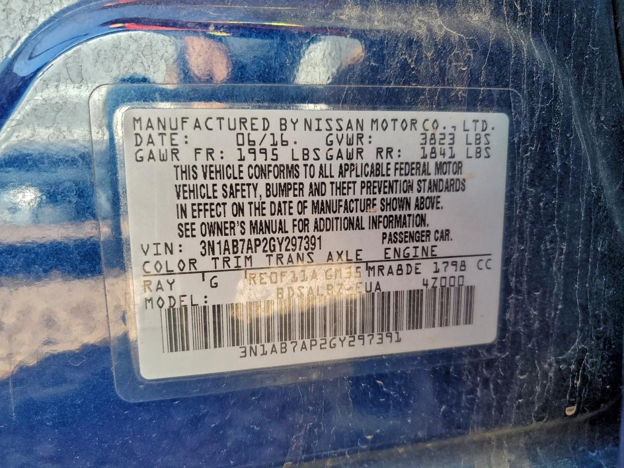 2016 Nissan Sentra S VIN: 3N1AB7AP2GY297391 Lot: 94791975