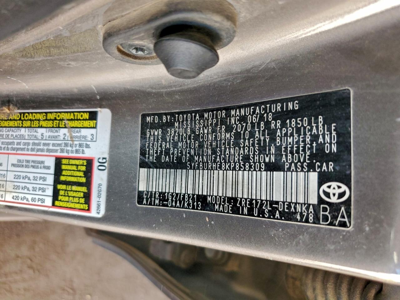 2019 Toyota Corolla L VIN: 5YFBURHE8KP858309 Lot: 94477785