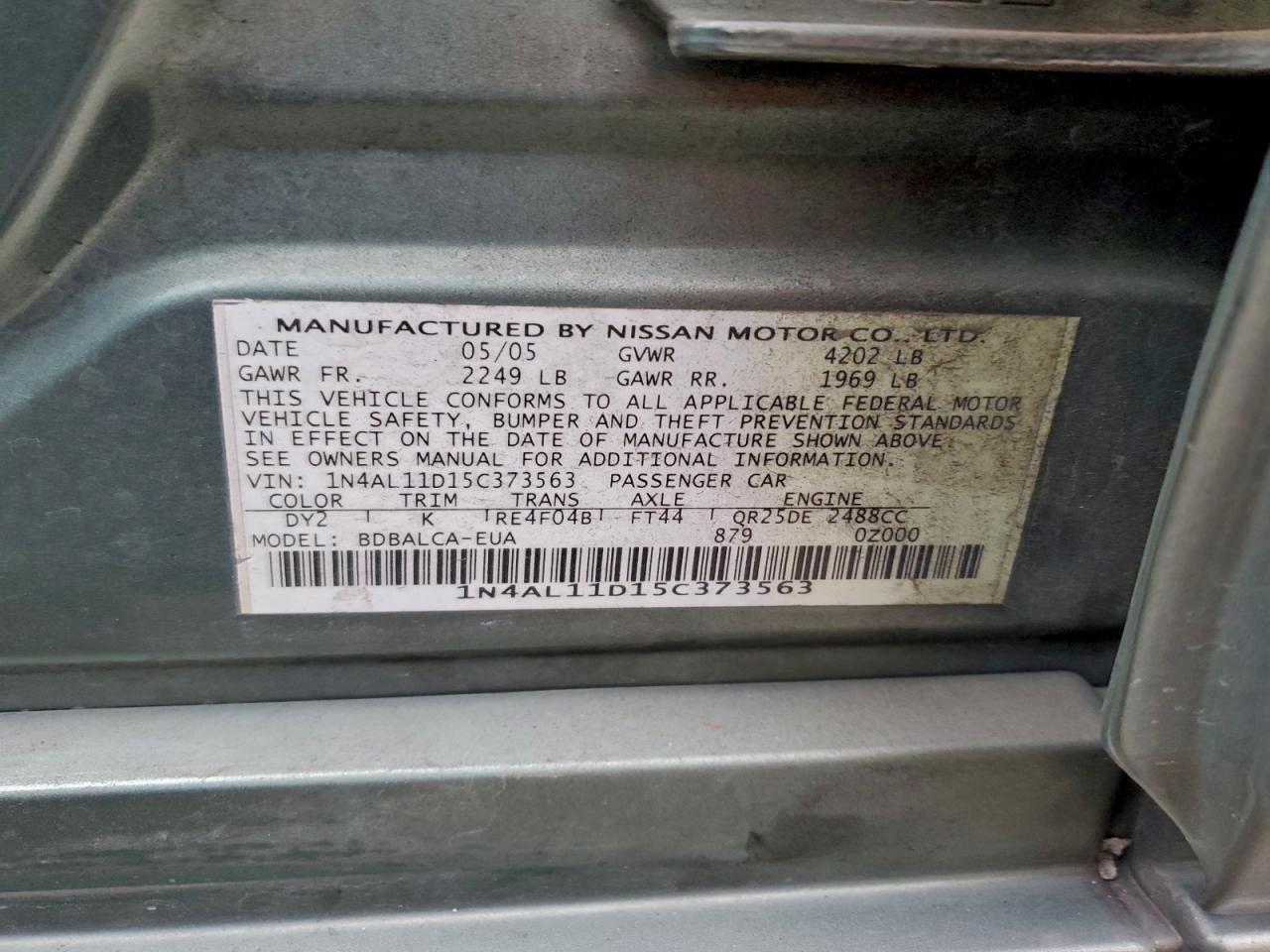 2005 Nissan Altima S VIN: 1N4AL11D15C373563 Lot: 95561035