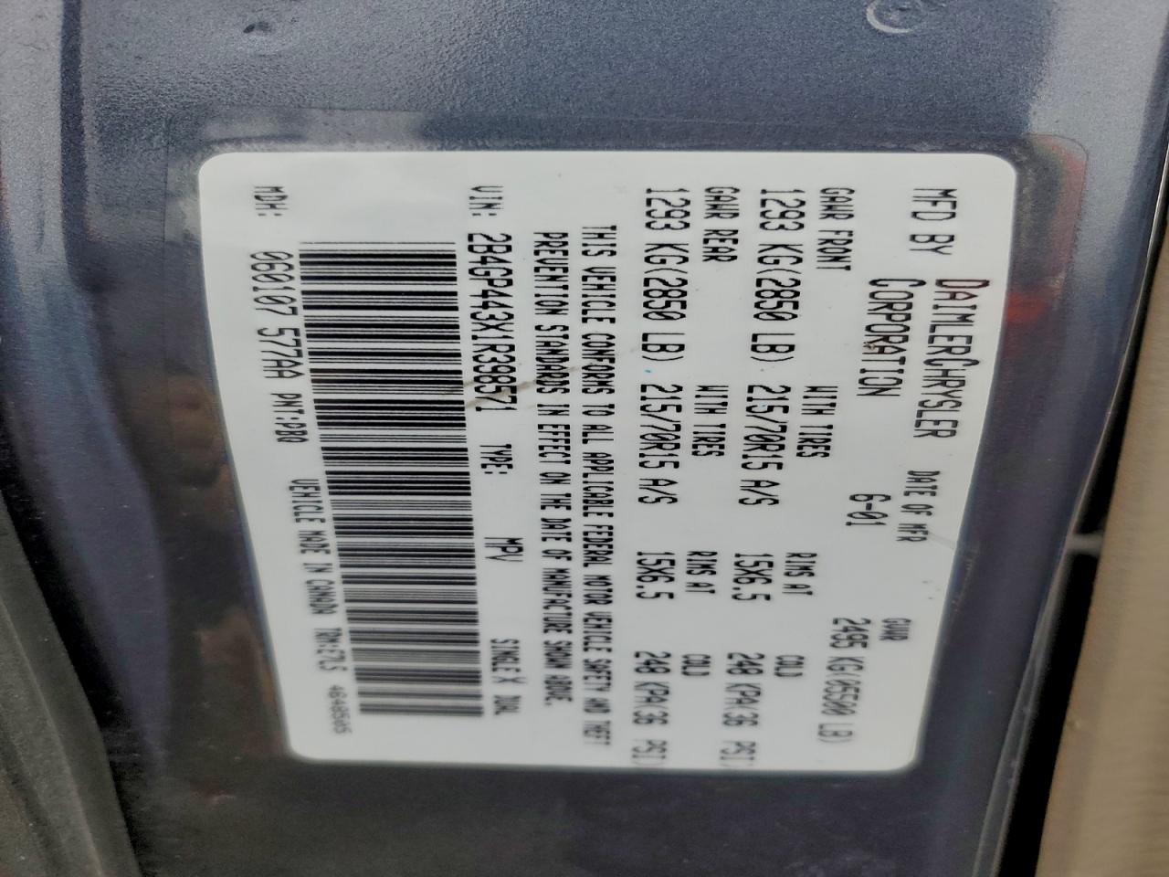 2001 Dodge Grand Caravan Sport VIN: 2B4GP443X1R398571 Lot: 95314615