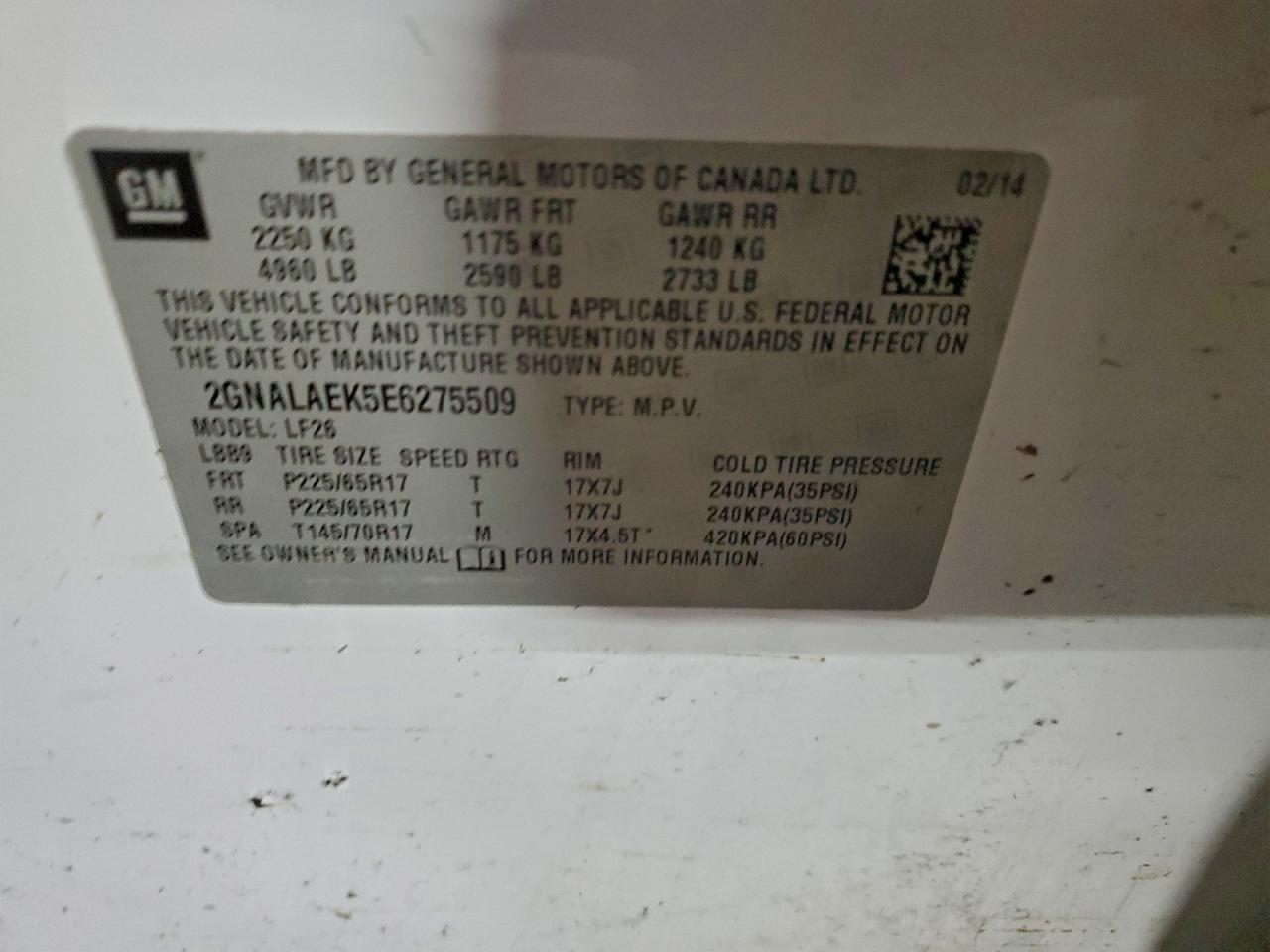 2014 Chevrolet Equinox Ls VIN: 2GNALAEK5E6275509 Lot: 96056085