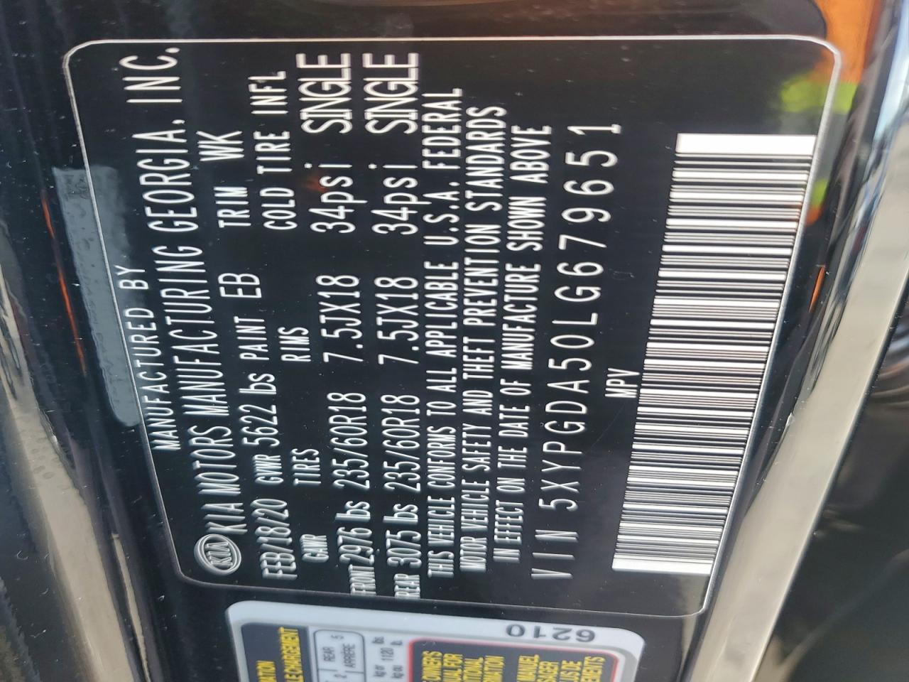 2020 Kia Sorento S VIN: 5XYPGDA50LG679651 Lot: 96368255