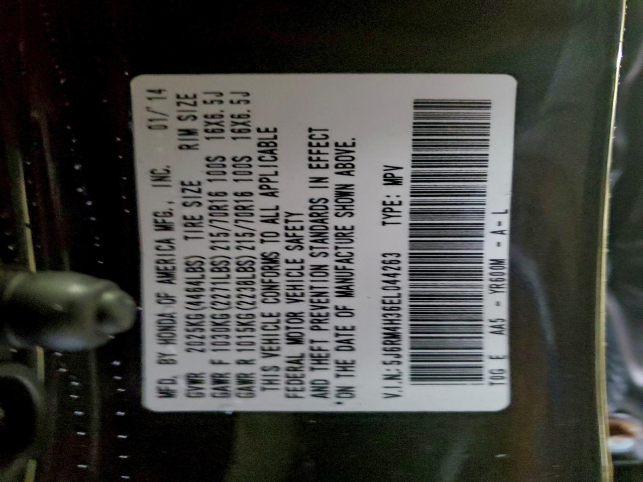 2014 Honda Cr-V Lx VIN: 5J6RM4H36EL044263 Lot: 94908245