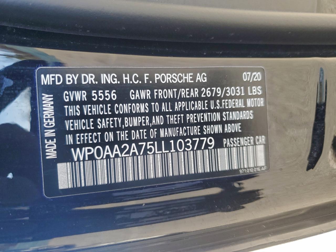 2020 Porsche Panamera Base VIN: WP0AA2A75LL103779 Lot: 93389795