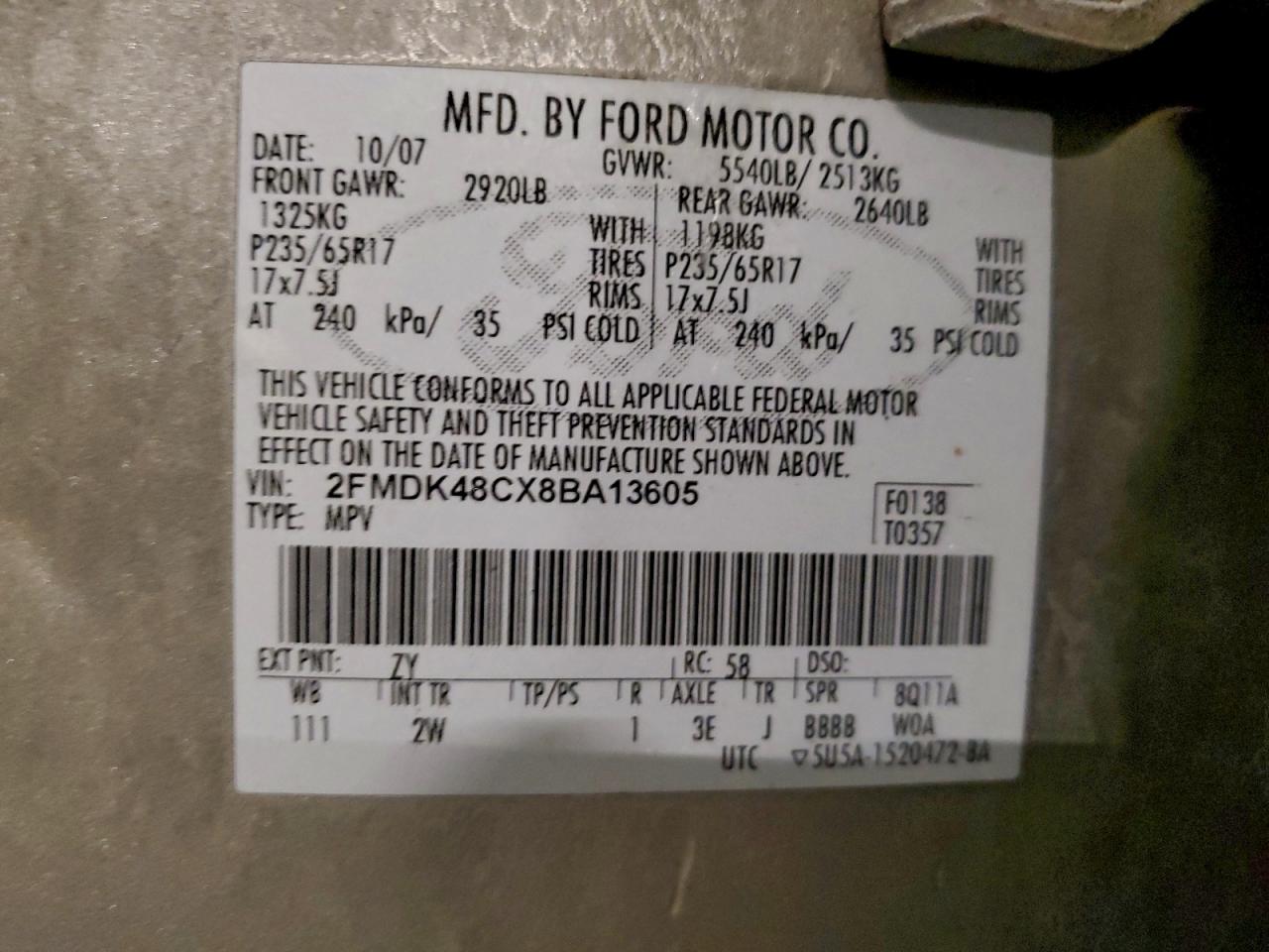 2008 Ford Edge Sel VIN: 2FMDK48CX8BA13605 Lot: 94405705