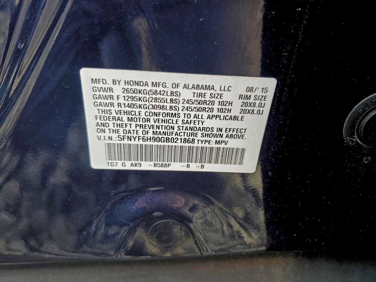 2016 Honda Pilot Touring VIN: 5FNYF6H90GB021868 Lot: 95955605