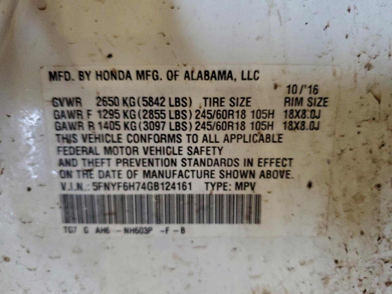 2016 Honda Pilot Exln VIN: 5FNYF6H74GB124161 Lot: 96069535