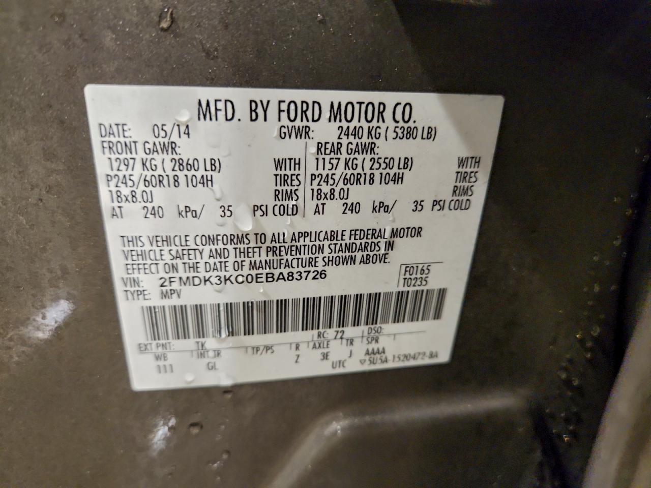 2014 Ford Edge Limited VIN: 2FMDK3KC0EBA83726 Lot: 94486935