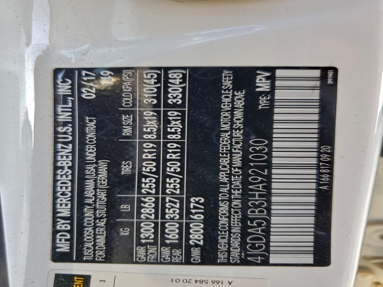 2017 Mercedes-Benz Gle 350 VIN: 4JGDA5JB3HA921030 Lot: 95109375