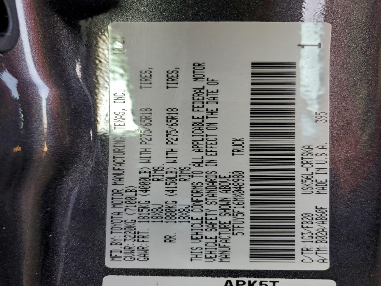 2021 Toyota Tundra Double Cab Sr VIN: 5TFUY5F16MX048980 Lot: 94150655