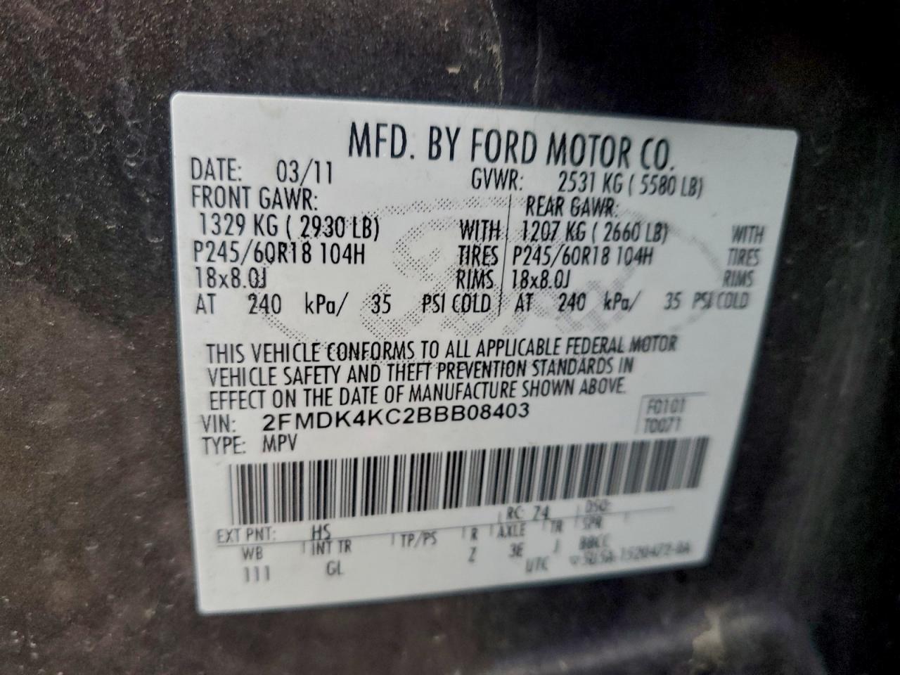 2011 Ford Edge Limited VIN: 2FMDK4KC2BBB08403 Lot: 96276855