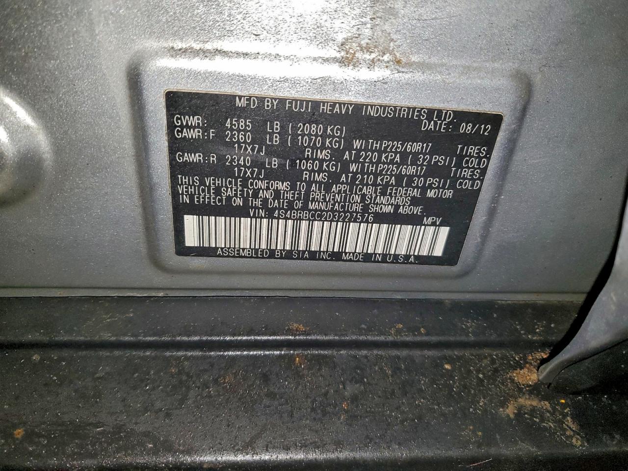 2013 Subaru Outback 2.5I Premium VIN: 4S4BRBCC2D3227576 Lot: 95851525