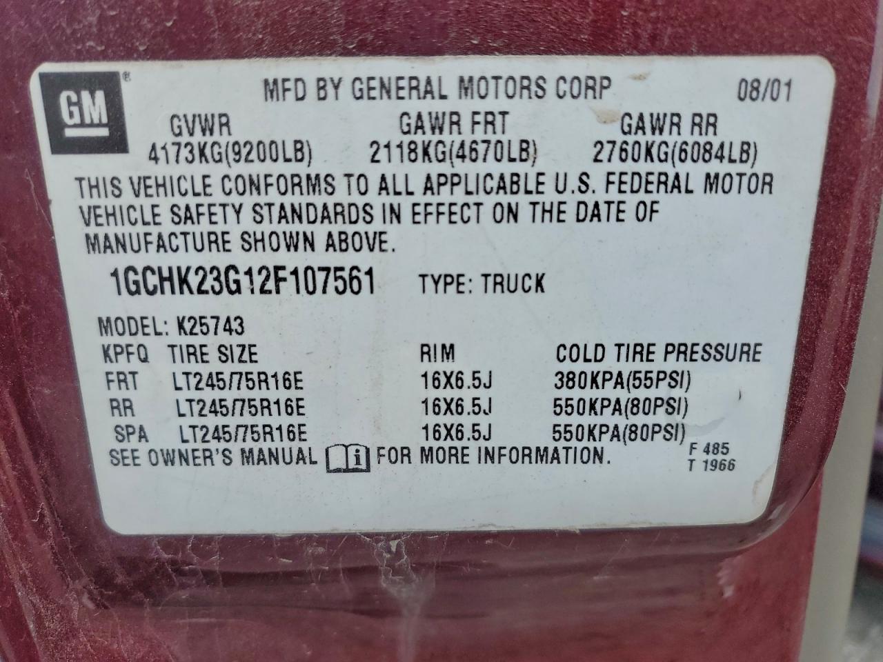 2002 Chevrolet Silverado K2500 Heavy Duty VIN: 1GCHK23G12F107561 Lot: 95485905