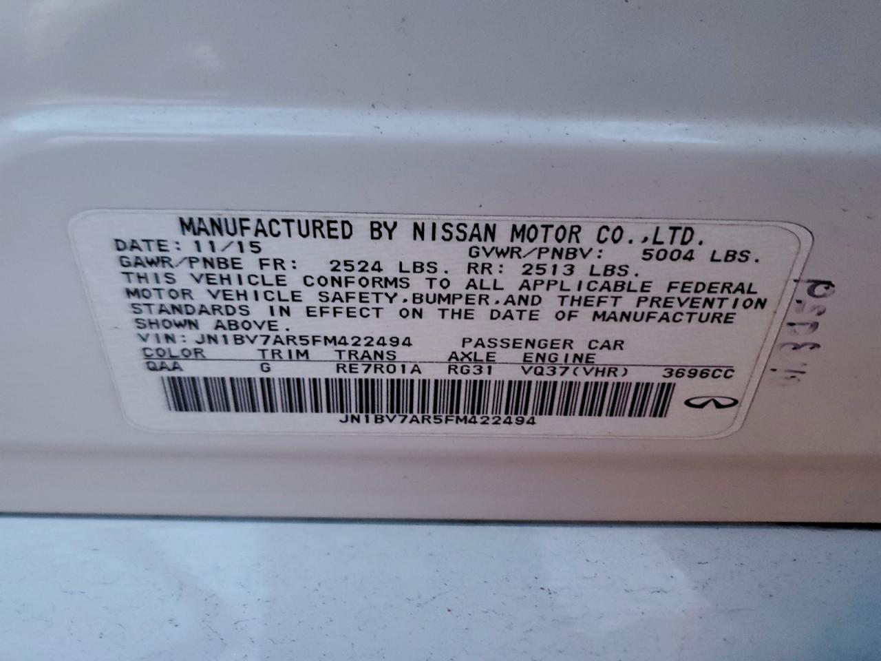 2015 Infiniti Q50 Base VIN: JN1BV7AR5FM422494 Lot: 94909925