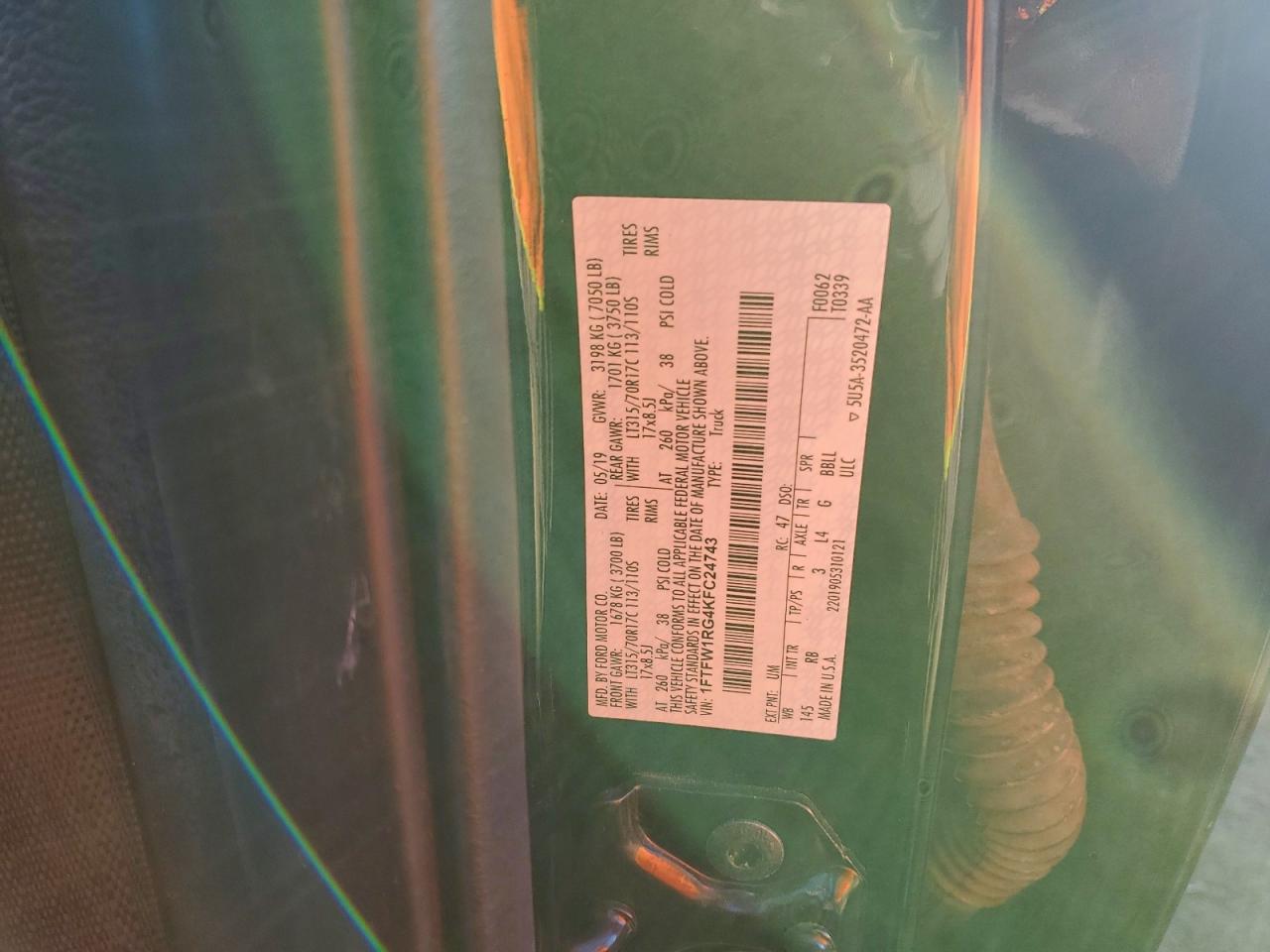 2019 Ford F150 Raptor VIN: 1FTFW1RG4KFC24743 Lot: 95107105