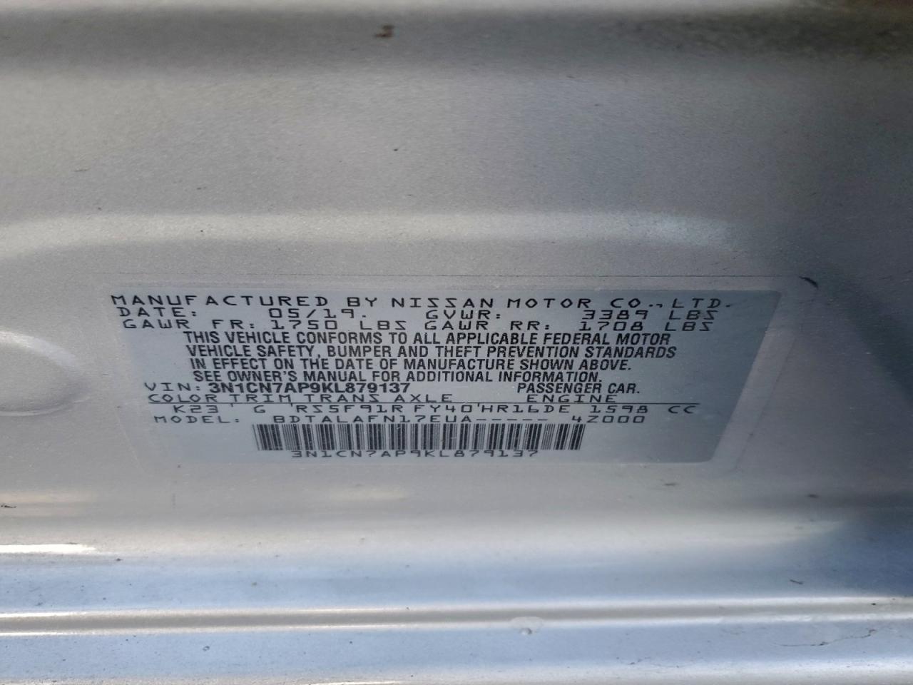 2019 Nissan Versa S VIN: 3N1CN7AP9KL879137 Lot: 95400605