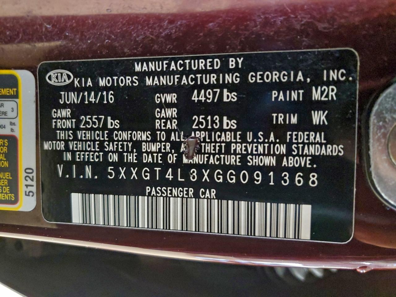 2016 Kia Optima Lx VIN: 5XXGT4L3XGG091368 Lot: 96717965