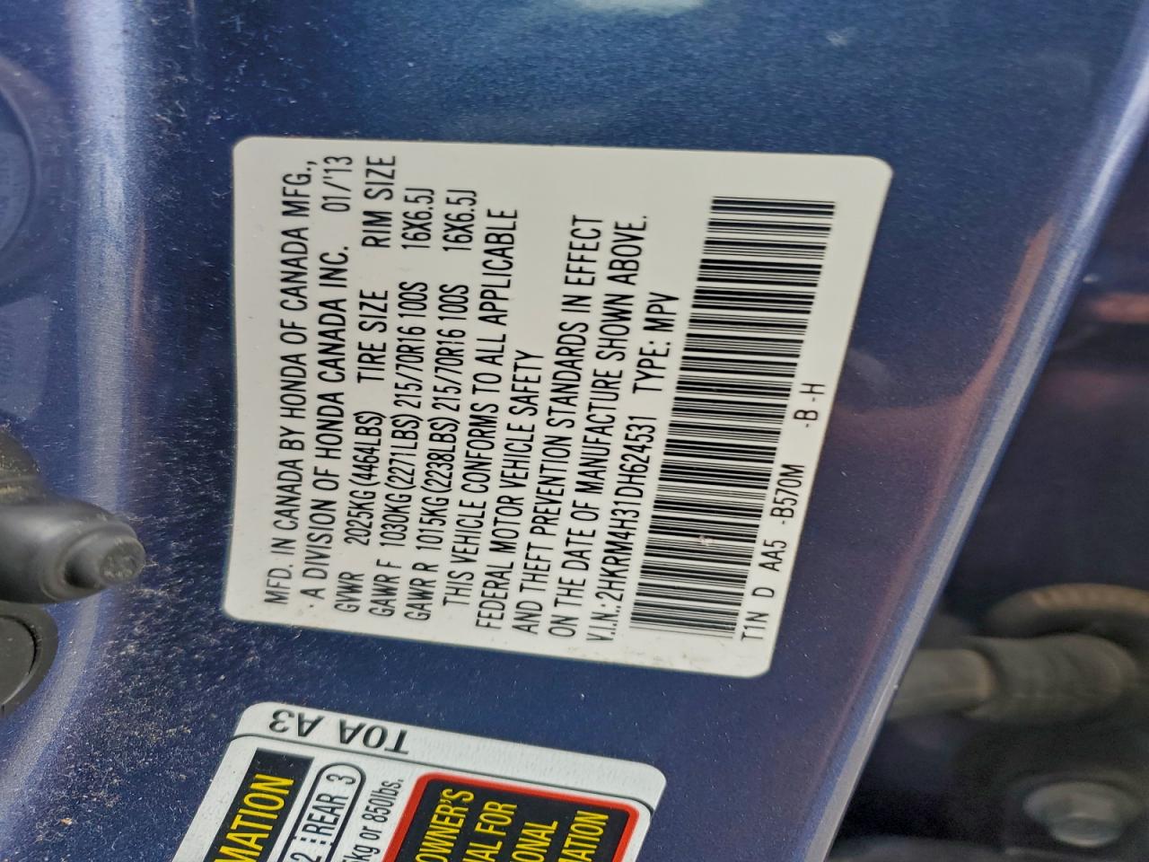 2013 Honda Cr-V Lx VIN: 2HKRM4H31DH624531 Lot: 94776545