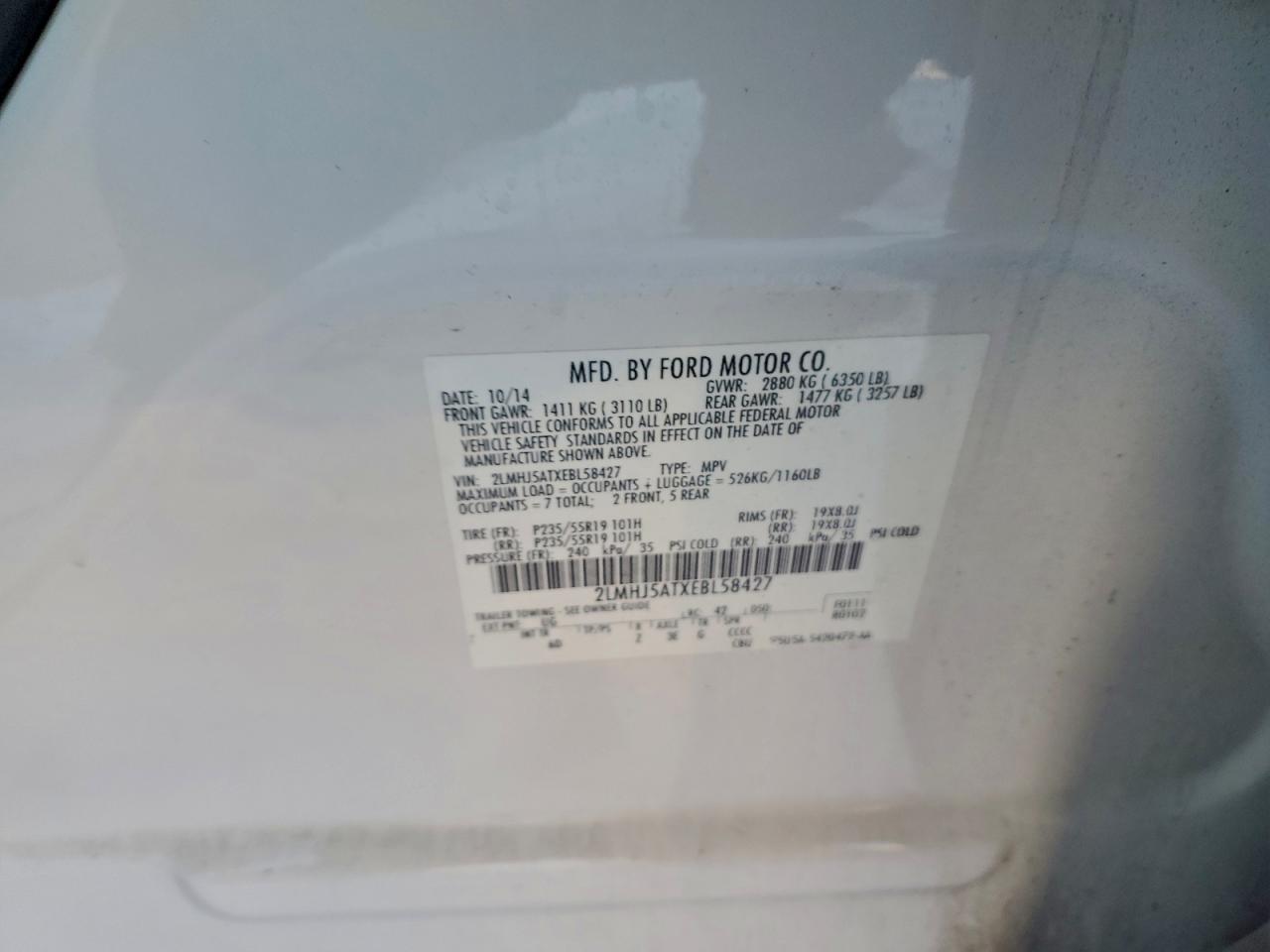 2014 Lincoln Mkt VIN: 2LMHJ5ATXEBL58427 Lot: 95499885