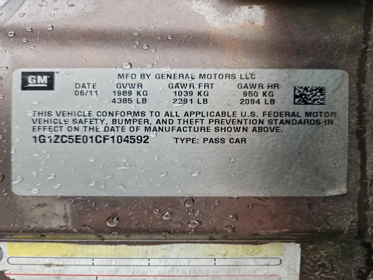 2012 Chevrolet Malibu 1Lt VIN: 1G1ZC5E01CF104592 Lot: 95698435