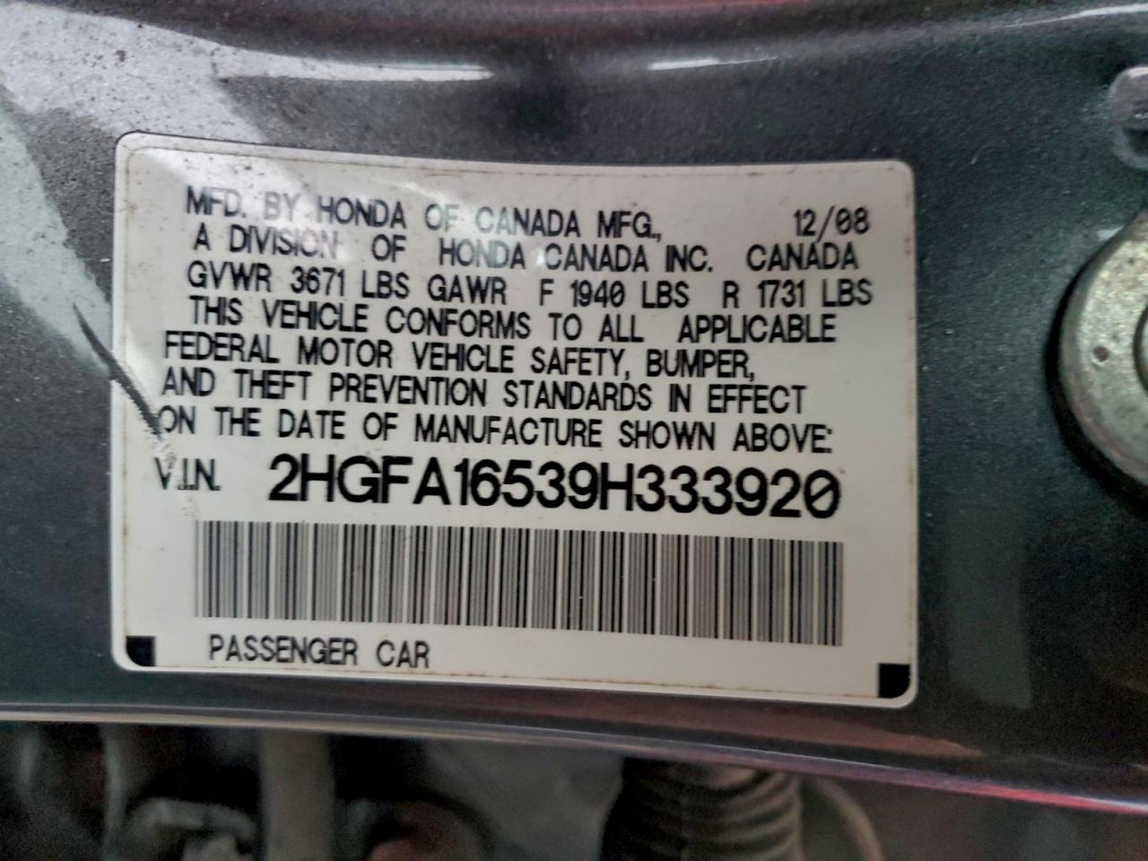 2009 Honda Civic Lx VIN: 2HGFA16539H333920 Lot: 95741405