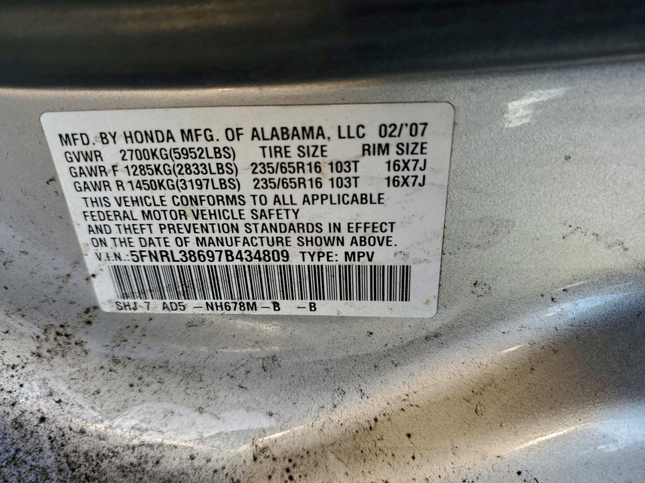 2007 Honda Odyssey Exl VIN: 5FNRL38697B434809 Lot: 96108905