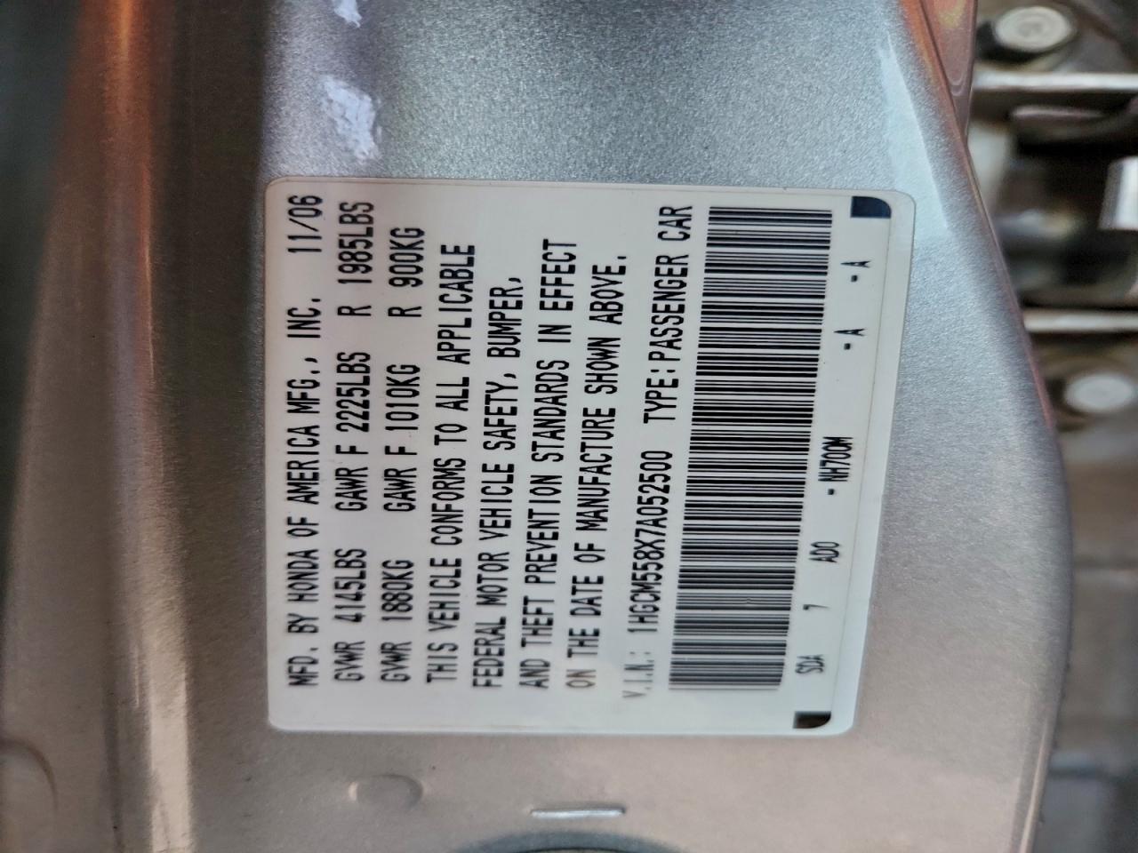 2007 Honda Accord Ex VIN: 1HGCM558X7A052500 Lot: 94459155