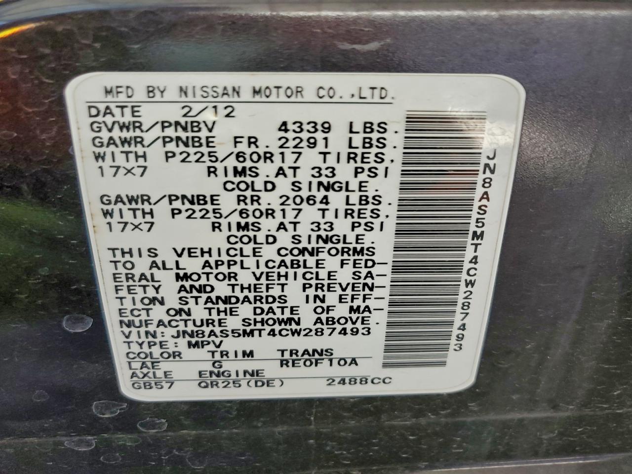 2012 Nissan Rogue S VIN: JN8AS5MT4CW287493 Lot: 95805985