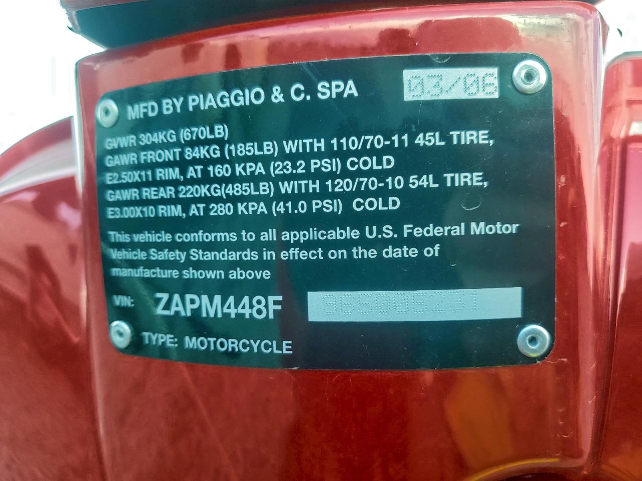 2006 Vespa Lx 150 VIN: ZAPM448F965005231 Lot: 95959545