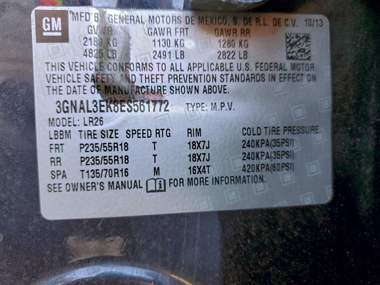 2014 Chevrolet Captiva Lt VIN: 3GNAL3EK8ES561772 Lot: 95566045