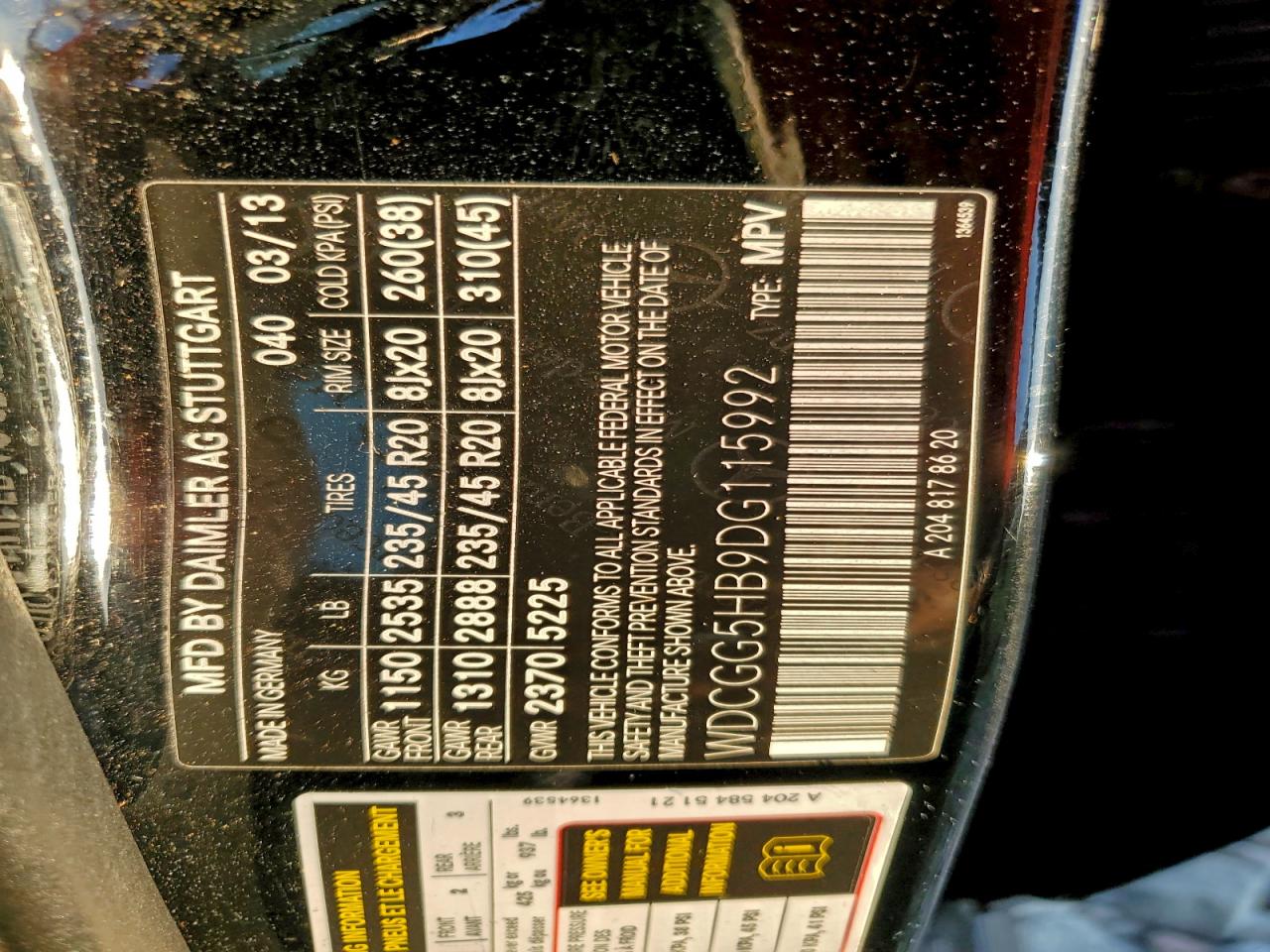 2013 Mercedes-Benz Glk 350 VIN: WDCGG5HB9DG115992 Lot: 94822345