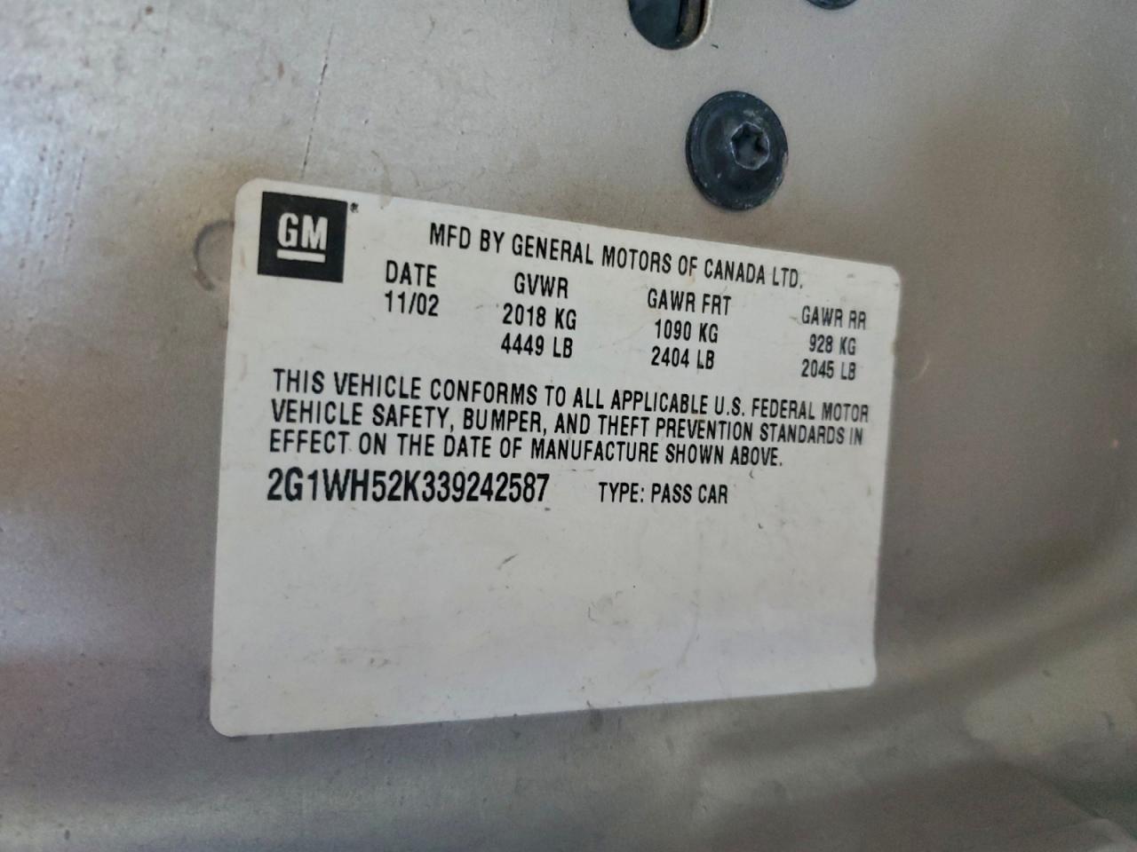 2003 Chevrolet Impala Ls VIN: 2G1WH52K339242587 Lot: 95527015