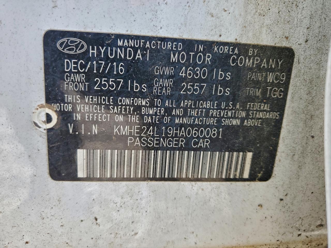 2017 Hyundai Sonata Hybrid VIN: KMHE24L19HA060081 Lot: 95341265
