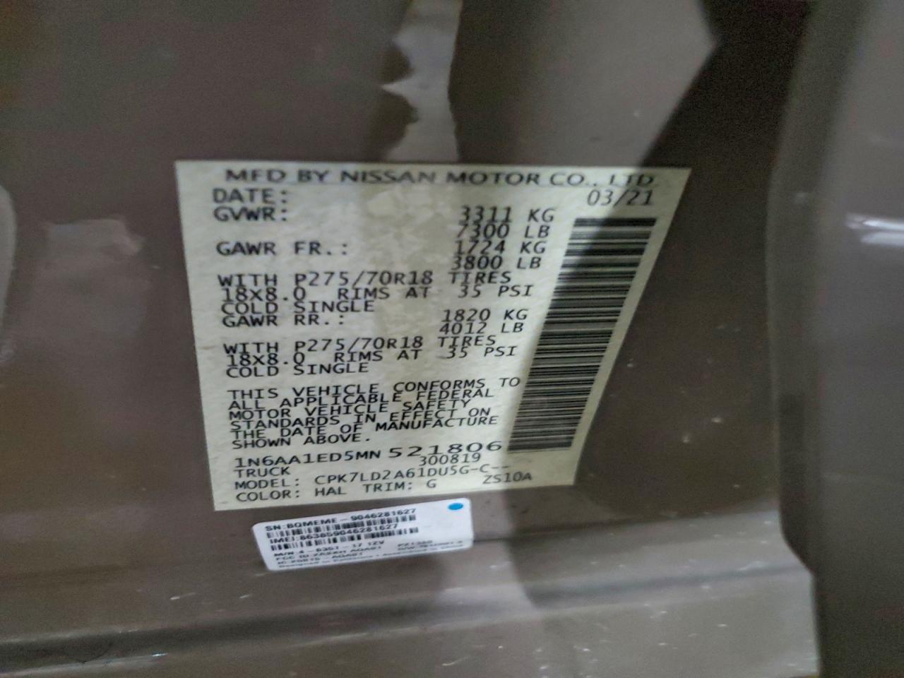 2021 Nissan Titan Sv VIN: 1N6AA1ED5MN521806 Lot: 94484105