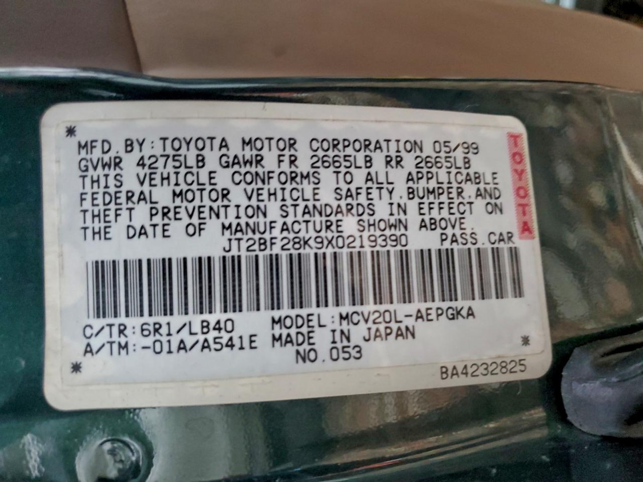 1999 Toyota Camry Le VIN: JT2BF28K9X0219390 Lot: 94680065