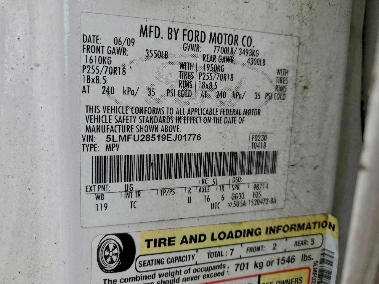 2009 Lincoln Navigator VIN: 5LMFU28519EJ01776 Lot: 95968935