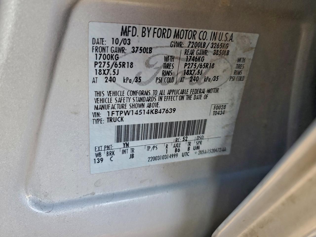 2004 Ford F150 Supercrew VIN: 1FTPW14514KB47639 Lot: 95059685