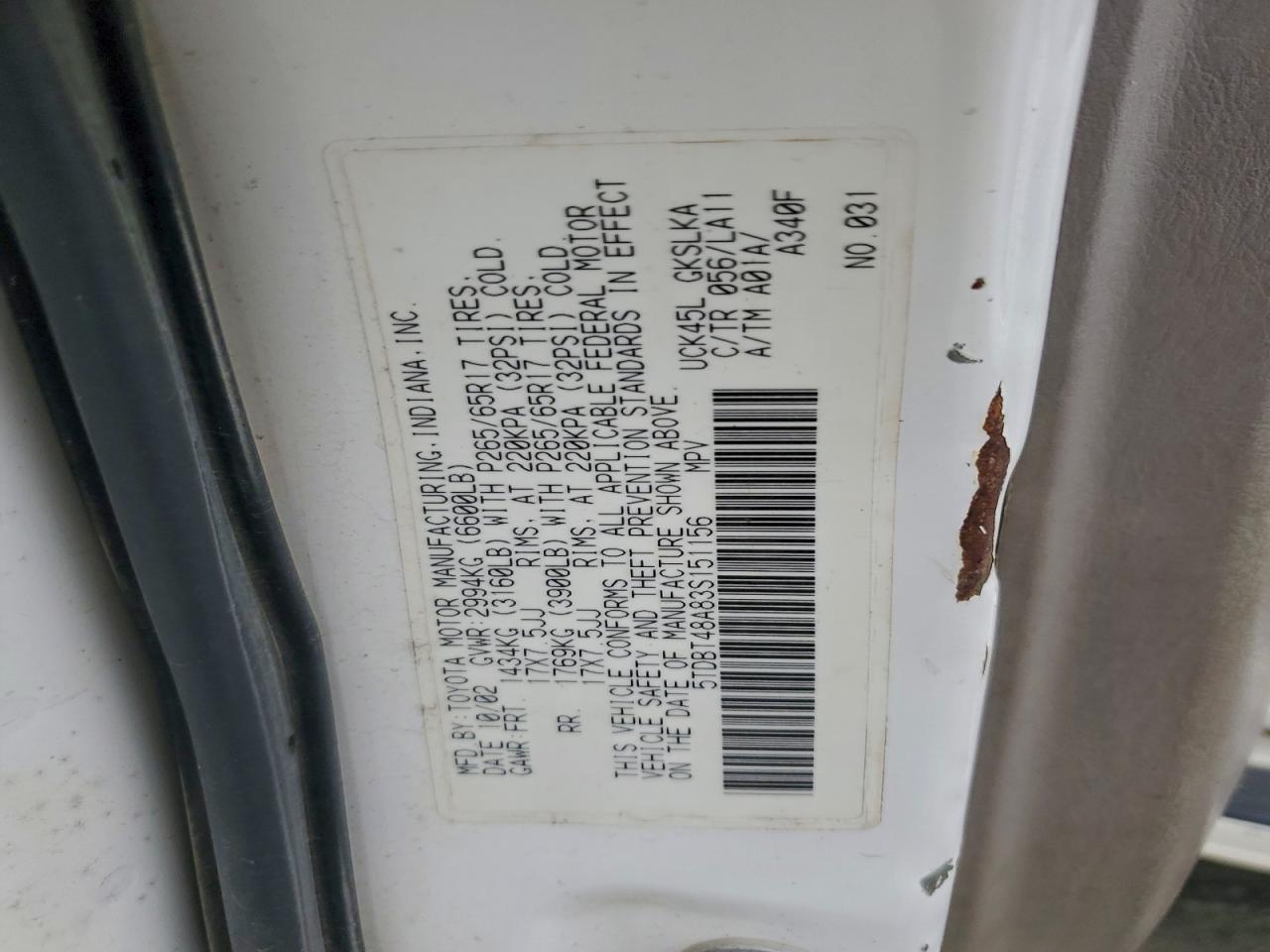 2003 Toyota Sequoia Limited VIN: 5TDBT48A83S151156 Lot: 95203095