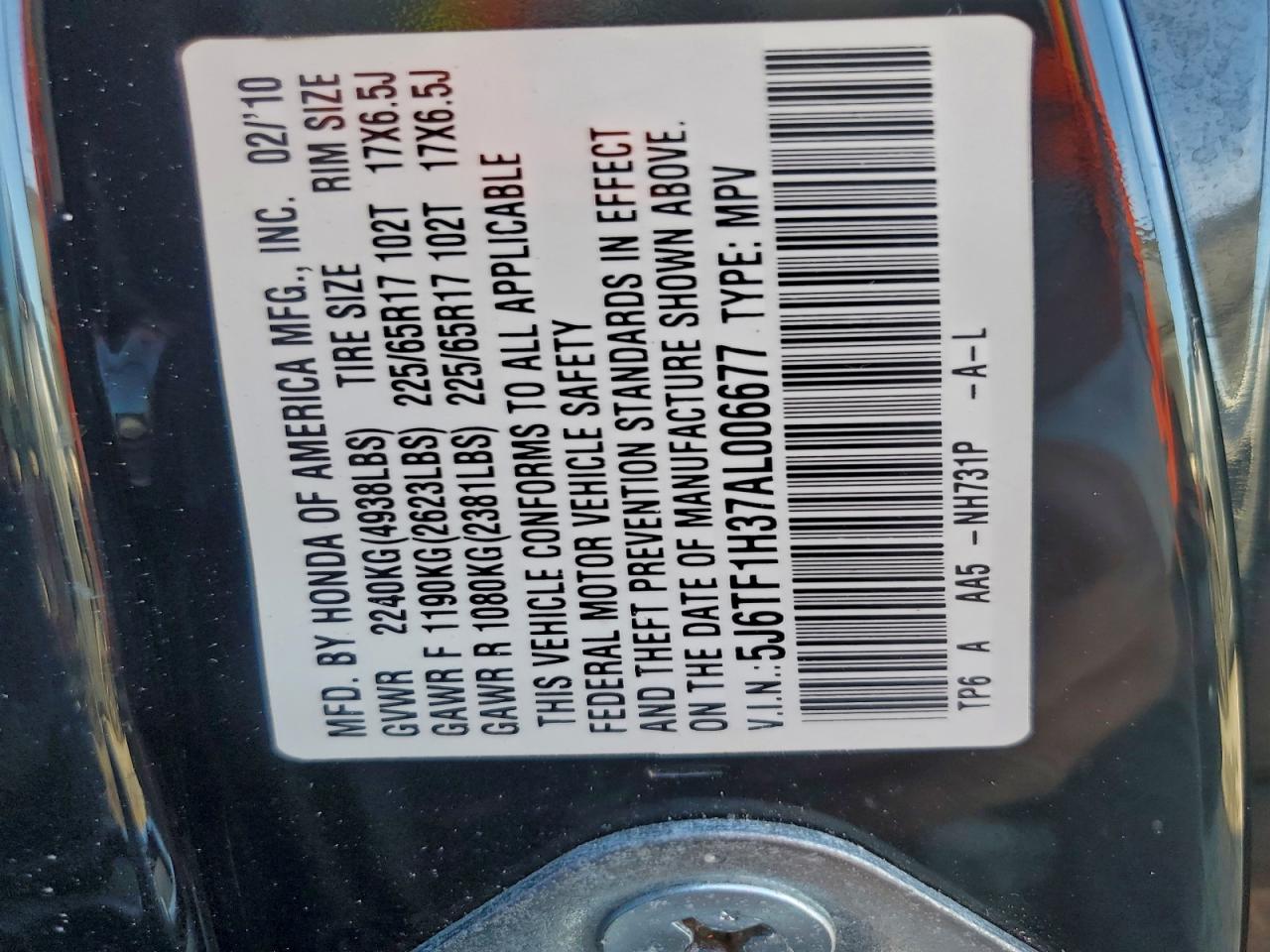 2010 Honda Accord Crosstour Ex VIN: 5J6TF1H37AL006677 Lot: 96795035