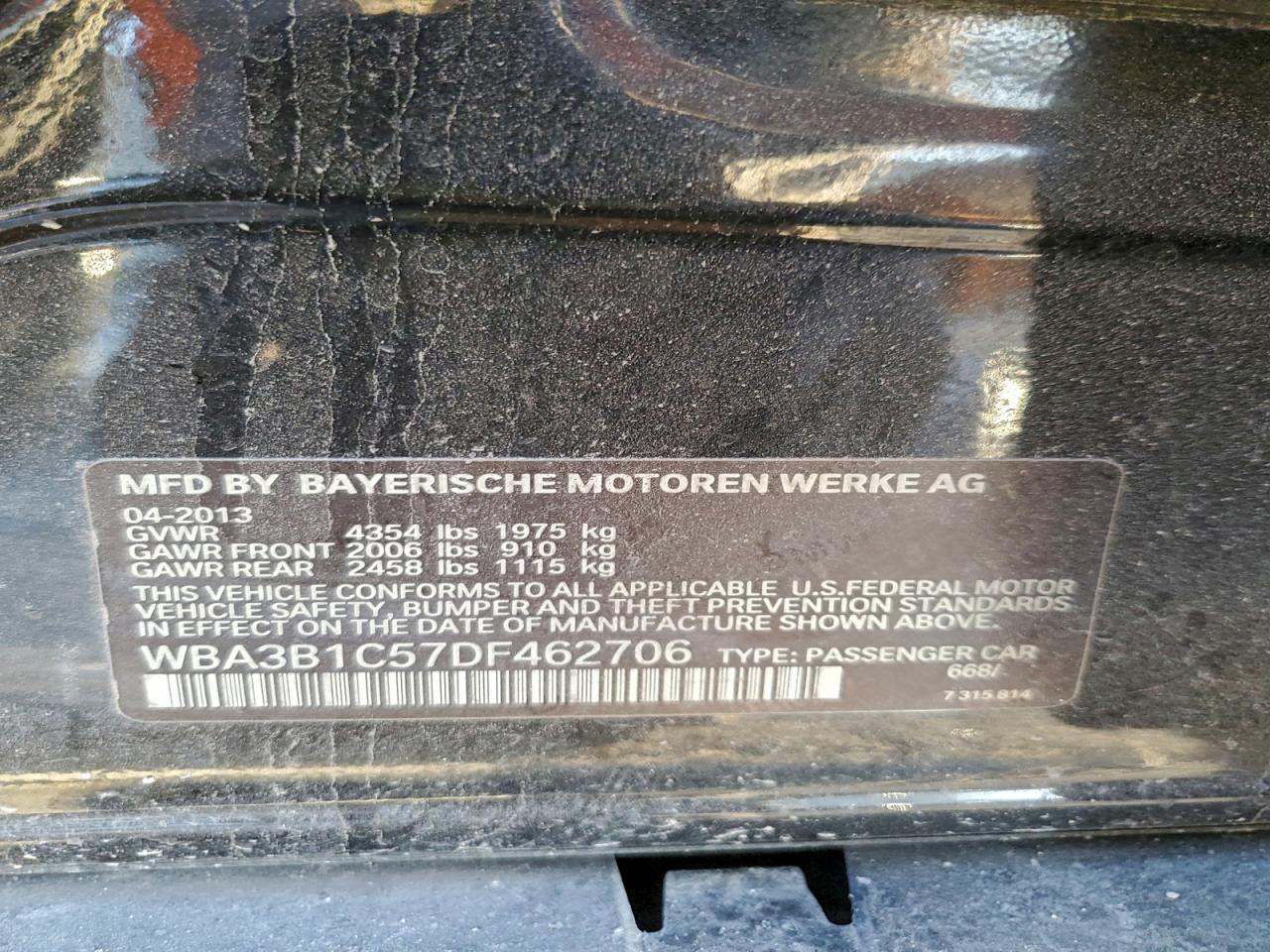 2013 BMW 320 I VIN: WBA3B1C57DF462706 Lot: 94260355