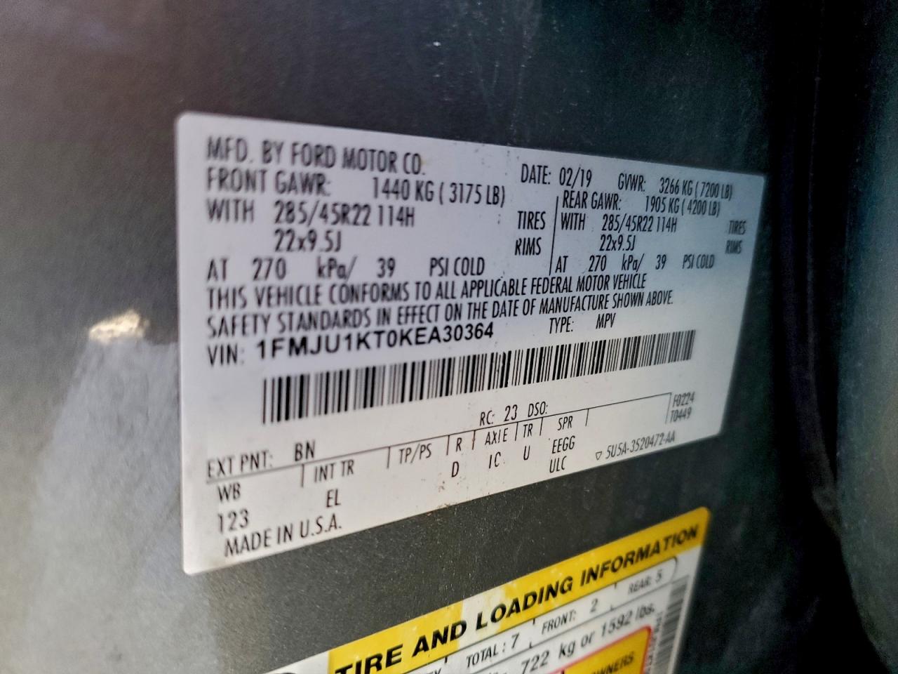 2019 Ford Expedition Limited VIN: 1FMJU1KT0KEA30364 Lot: 96575185