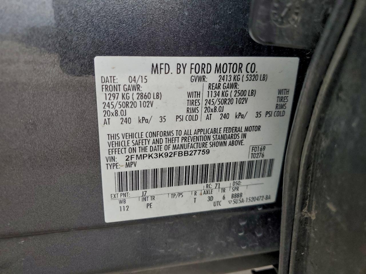 2015 Ford Edge Titanium VIN: 2FMPK3K92FBB27759 Lot: 96223345