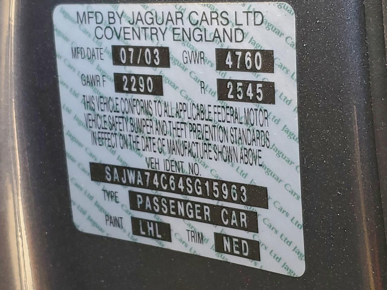 2004 Jaguar Vandenplas VIN: SAJWA74C64SG15963 Lot: 96282915